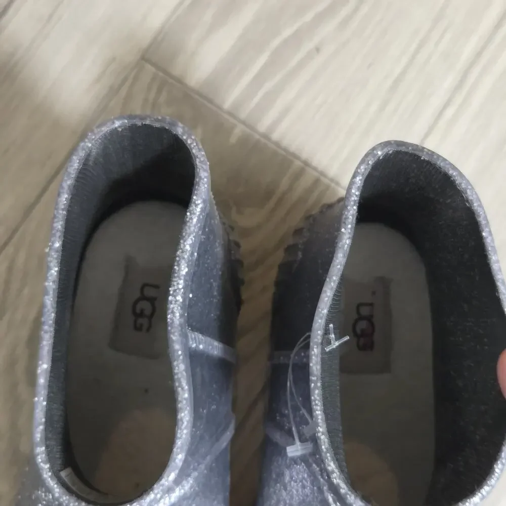 US 5 Ugg Silver Glitter Rain Booties Womens